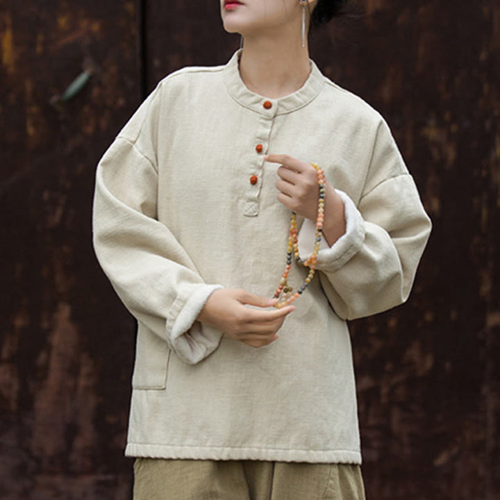 Koszula damska z długim rękawem i ramią lnianą, w jednolitym kolorze , z Buddha Stones, retro