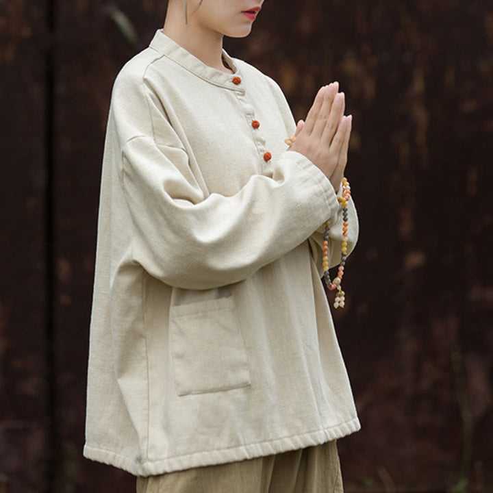 Koszula damska z długim rękawem i ramią lnianą, w jednolitym kolorze , z Buddha Stones, retro