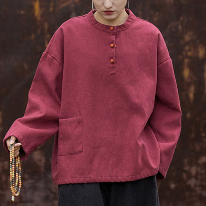 Koszula damska z długim rękawem i ramią lnianą, w jednolitym kolorze , z Buddha Stones, retro