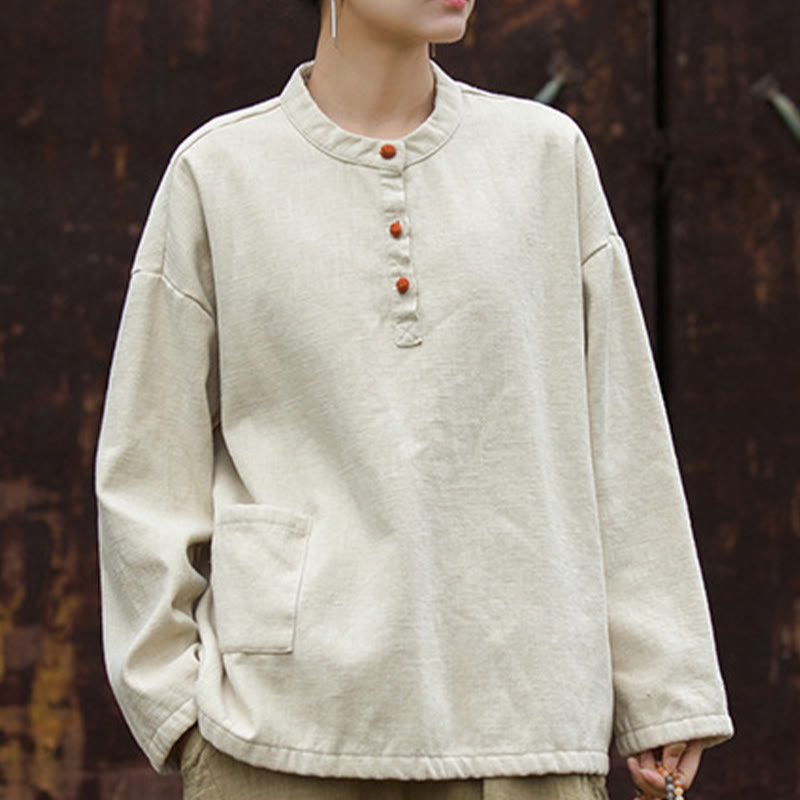 Koszula damska z długim rękawem i ramią lnianą, w jednolitym kolorze , z Buddha Stones, retro - image 2