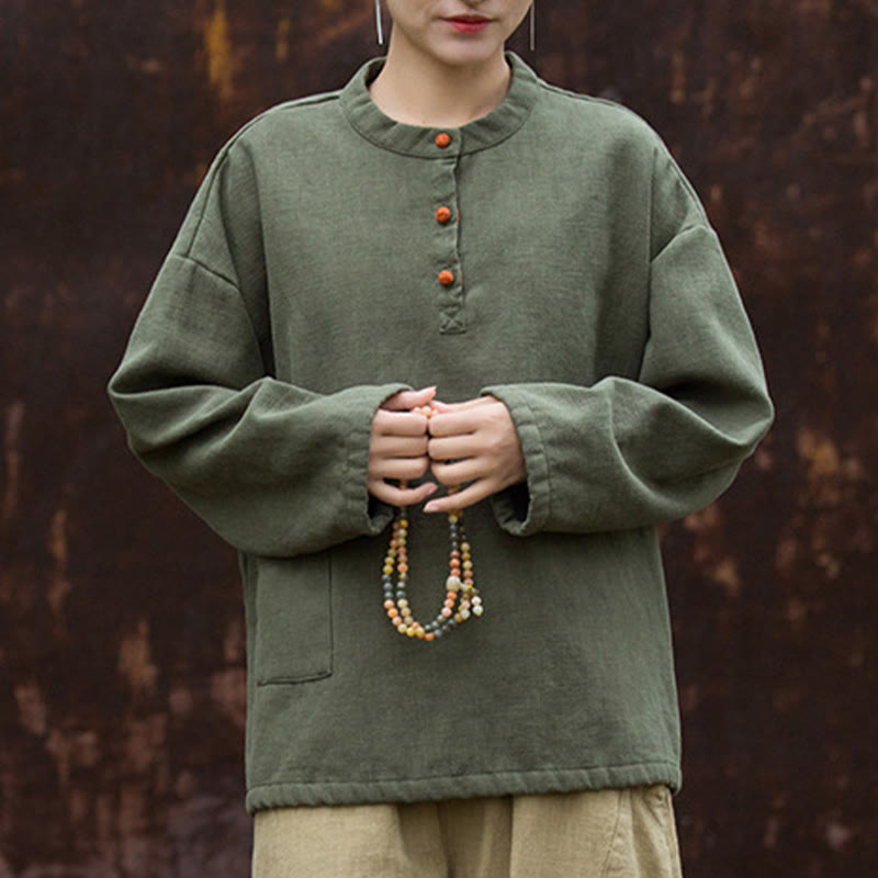 Koszula damska z długim rękawem i ramią lnianą, w jednolitym kolorze , z Buddha Stones, retro - image 10