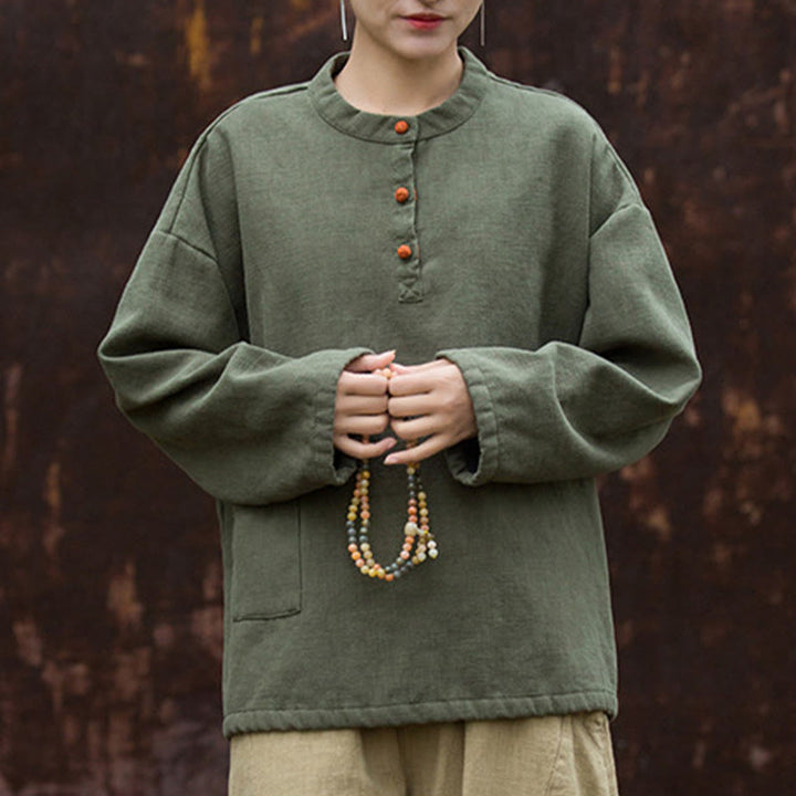 Koszula damska z długim rękawem i ramią lnianą, w jednolitym kolorze , z Buddha Stones, retro - image 10