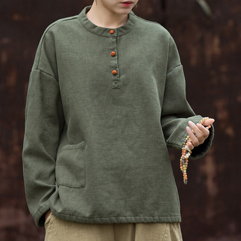 Koszula damska z długim rękawem i ramią lnianą, w jednolitym kolorze , z Buddha Stones, retro - image 11