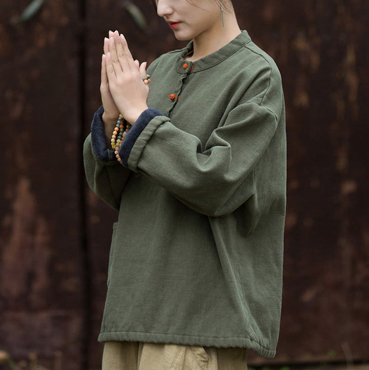 Koszula damska z długim rękawem i ramią lnianą, w jednolitym kolorze , z Buddha Stones, retro