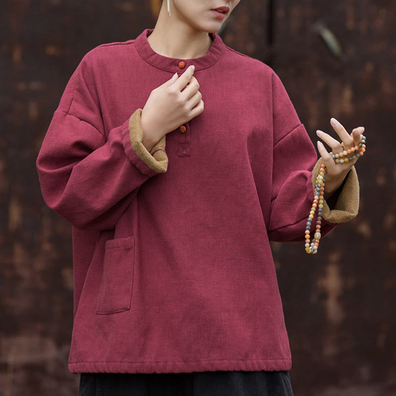 Koszula damska z długim rękawem i ramią lnianą, w jednolitym kolorze , z Buddha Stones, retro