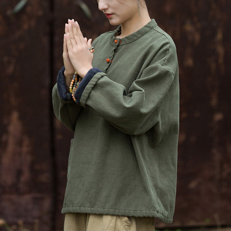 Koszula damska z długim rękawem i ramią lnianą, w jednolitym kolorze , z Buddha Stones, retro - image 12