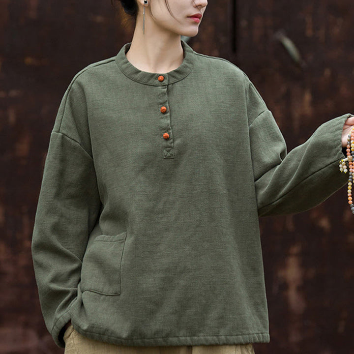 Koszula damska z długim rękawem i ramią lnianą, w jednolitym kolorze , z Buddha Stones, retro - image 14