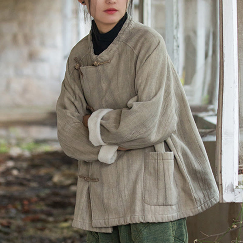 Koszula damska z długim rękawem i ramią lnianą, jednokolorowa, z żabim guzikiem i termicznymi Buddha Stones - image 7