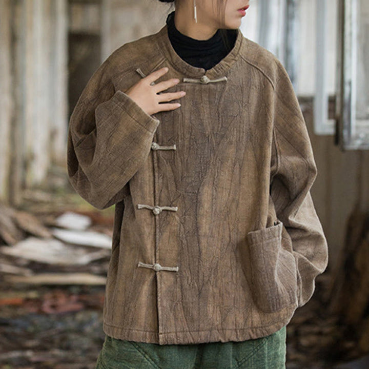 Koszula damska z długim rękawem i ramią lnianą, jednokolorowa, z żabim guzikiem i termicznymi Buddha Stones - image 12