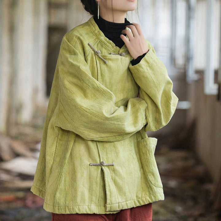 Koszula damska z długim rękawem i ramią lnianą, jednokolorowa, z żabim guzikiem i termicznymi Buddha Stones - image 18