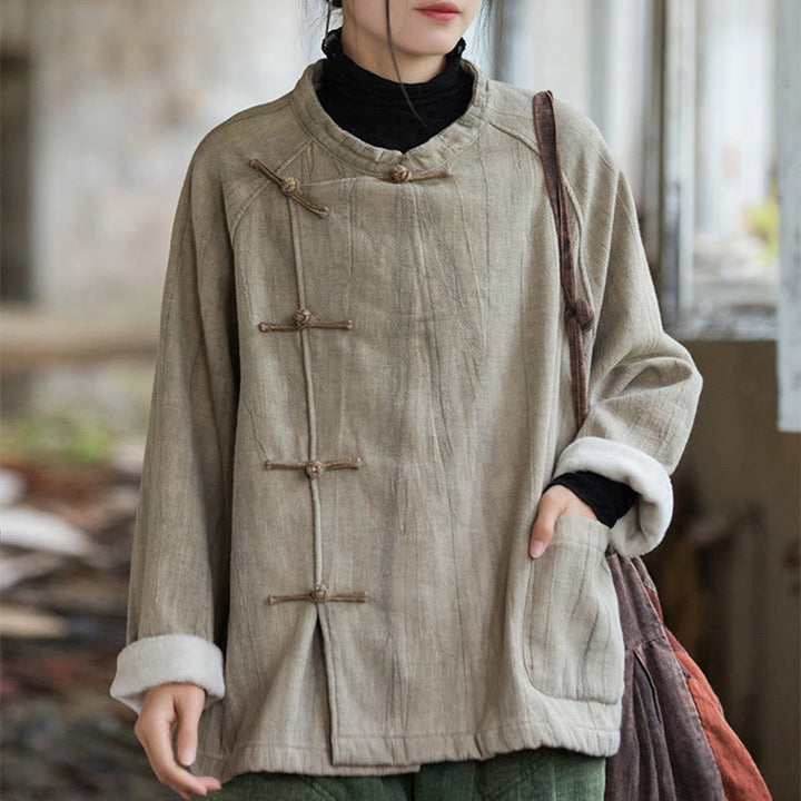 Koszula damska z długim rękawem i ramią lnianą, jednokolorowa, z żabim guzikiem i termicznymi Buddha Stones - Owies - US4-12, UK/AU8-16, EU36-44 (F) - image 0