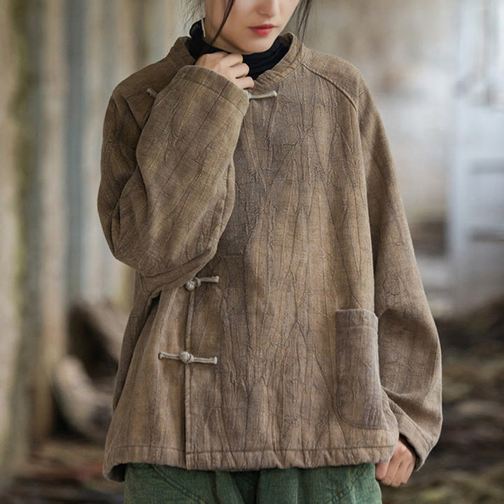 Koszula damska z długim rękawem i ramią lnianą, jednokolorowa, z żabim guzikiem i termicznymi Buddha Stones - image 14