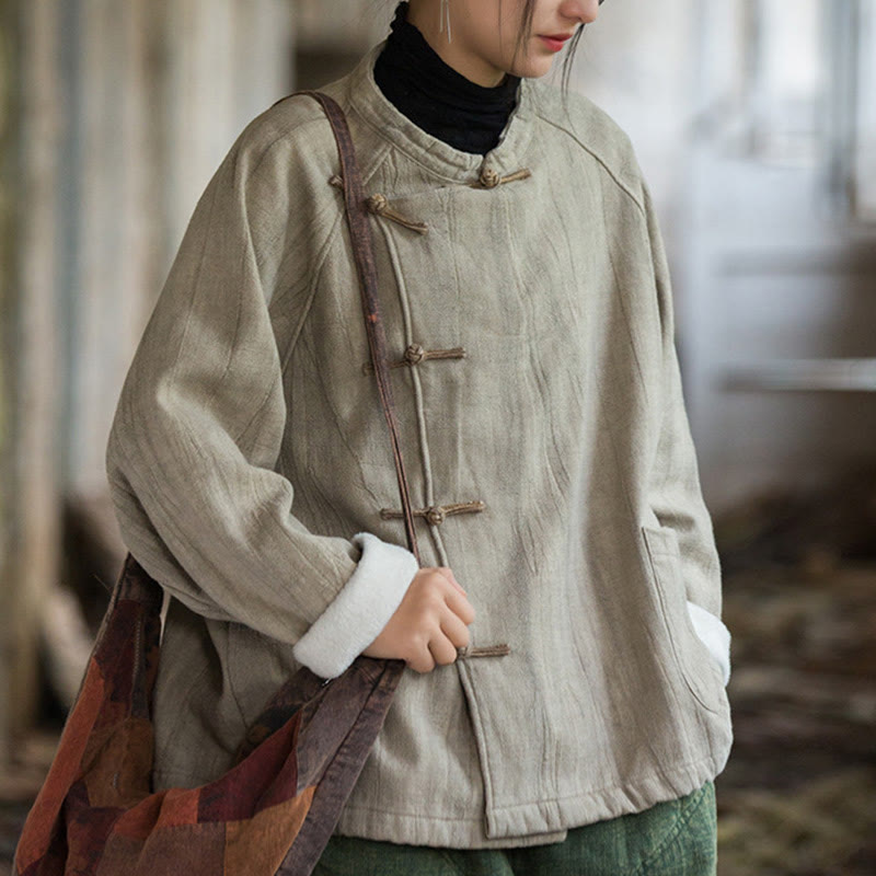 Koszula damska z długim rękawem i ramią lnianą, jednokolorowa, z żabim guzikiem i termicznymi Buddha Stones - image 6