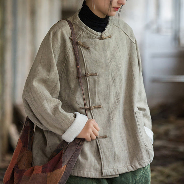 Koszula damska z długim rękawem i ramią lnianą, jednokolorowa, z żabim guzikiem i termicznymi Buddha Stones - image 6