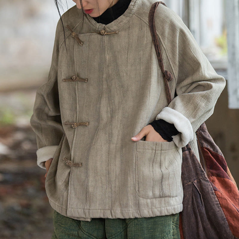 Koszula damska z długim rękawem i ramią lnianą, jednokolorowa, z żabim guzikiem i termicznymi Buddha Stones - image 1