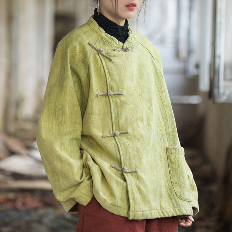 Koszula damska z długim rękawem i ramią lnianą, jednokolorowa, z żabim guzikiem i termicznymi Buddha Stones - image 19