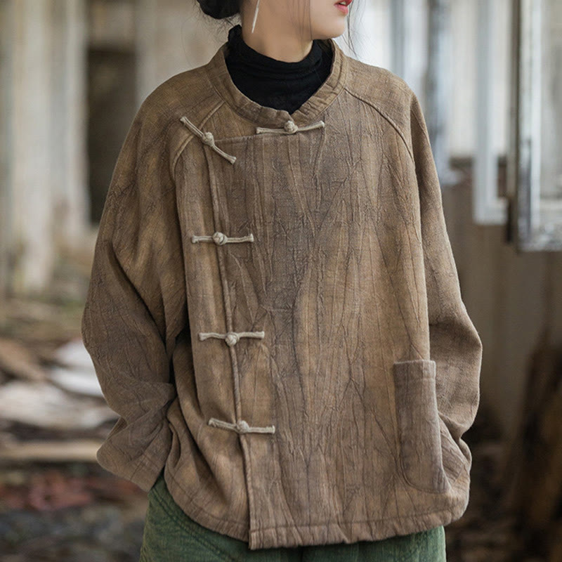 Koszula damska z długim rękawem i ramią lnianą, jednokolorowa, z żabim guzikiem i termicznymi Buddha Stones - image 11