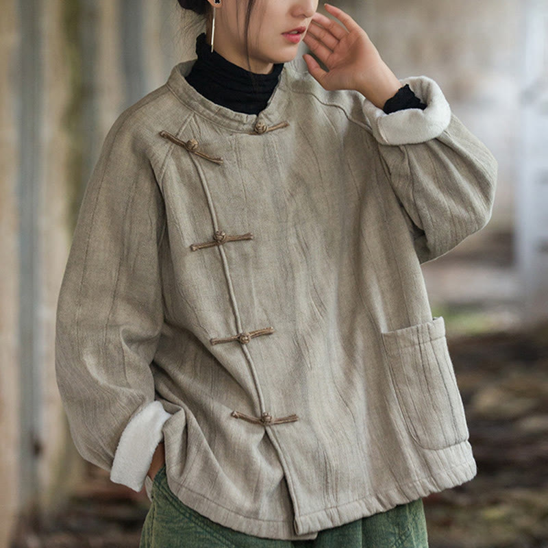 Koszula damska z długim rękawem i ramią lnianą, jednokolorowa, z żabim guzikiem i termicznymi Buddha Stones - image 3