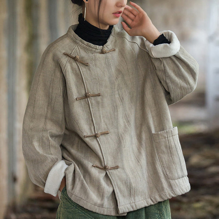 Koszula damska z długim rękawem i ramią lnianą, jednokolorowa, z żabim guzikiem i termicznymi Buddha Stones - image 3