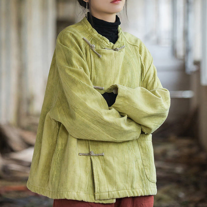 Koszula damska z długim rękawem i ramią lnianą, jednokolorowa, z żabim guzikiem i termicznymi Buddha Stones - image 20