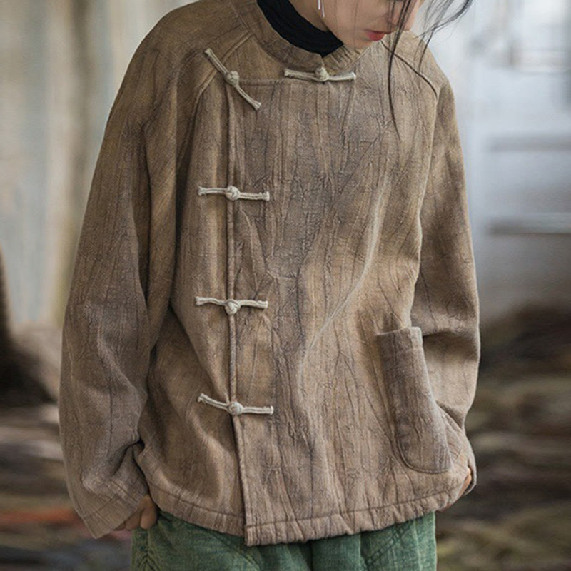 Koszula damska z długim rękawem i ramią lnianą, jednokolorowa, z żabim guzikiem i termicznymi Buddha Stones - image 15