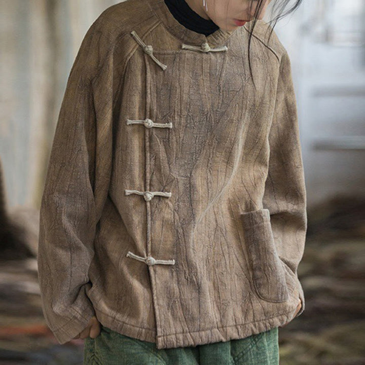 Koszula damska z długim rękawem i ramią lnianą, jednokolorowa, z żabim guzikiem i termicznymi Buddha Stones - image 15