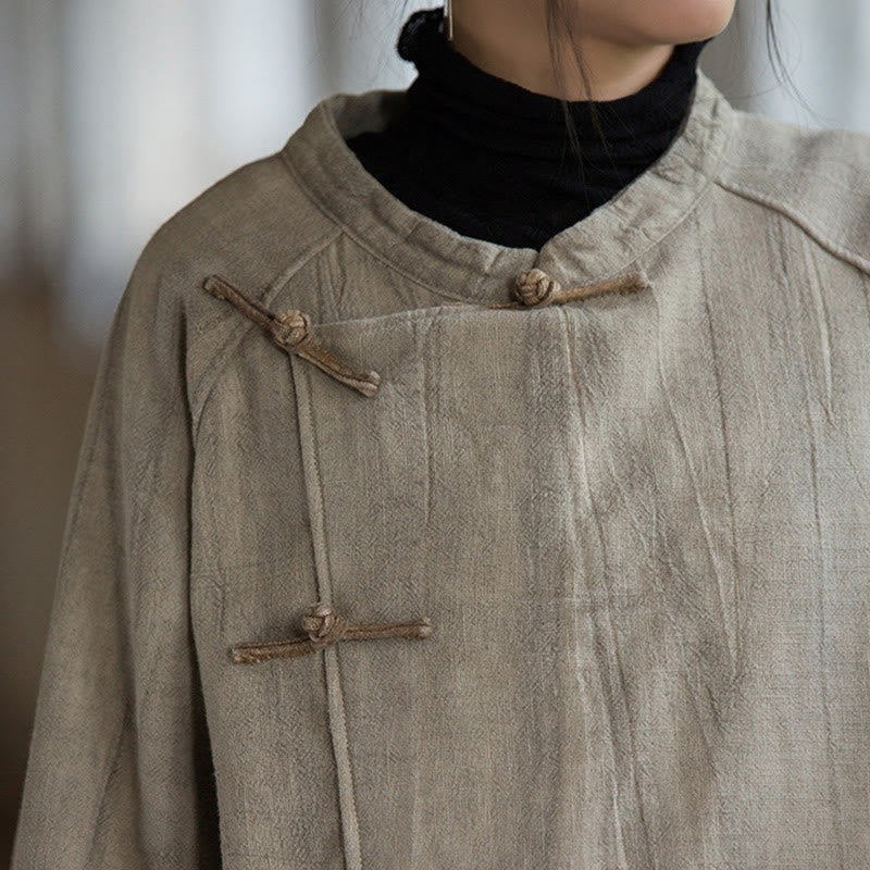 Koszula damska z długim rękawem i ramią lnianą, jednokolorowa, z żabim guzikiem i termicznymi Buddha Stones - image 8