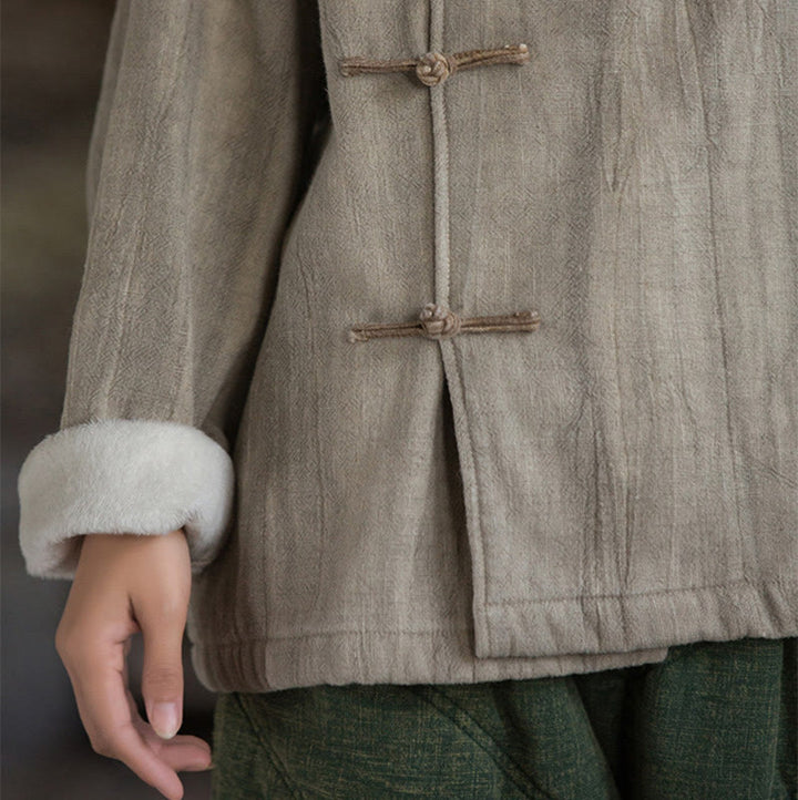 Koszula damska z długim rękawem i ramią lnianą, jednokolorowa, z żabim guzikiem i termicznymi Buddha Stones - image 9