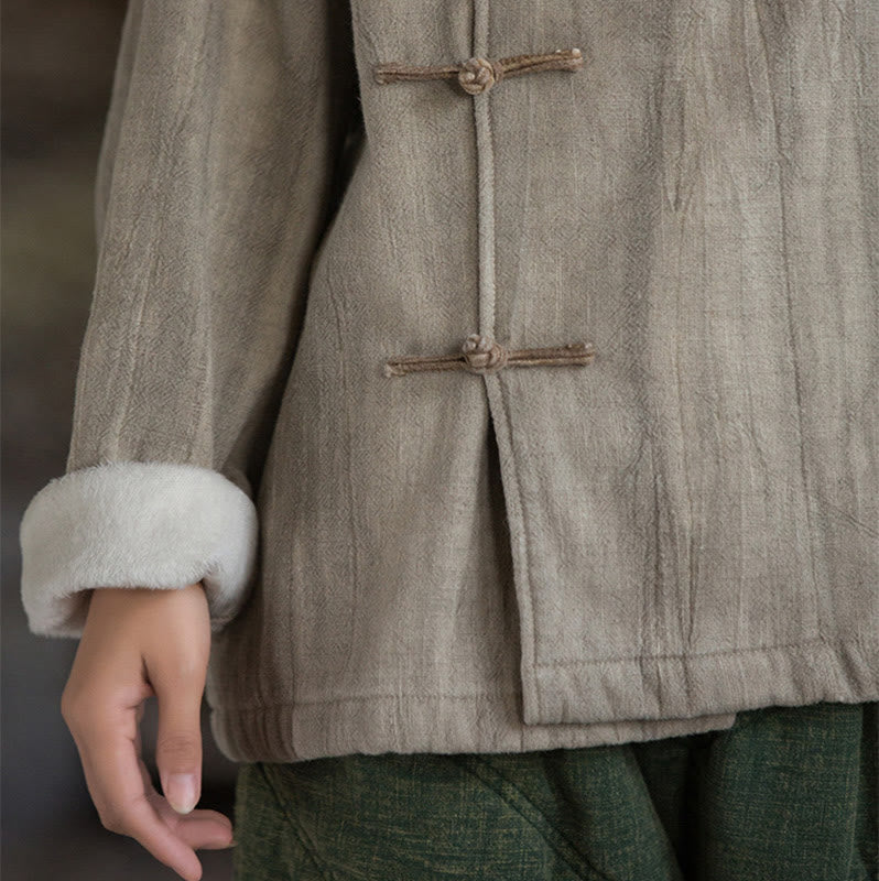 Koszula damska z długim rękawem i ramią lnianą, jednokolorowa, z żabim guzikiem i termicznymi Buddha Stones - image 9