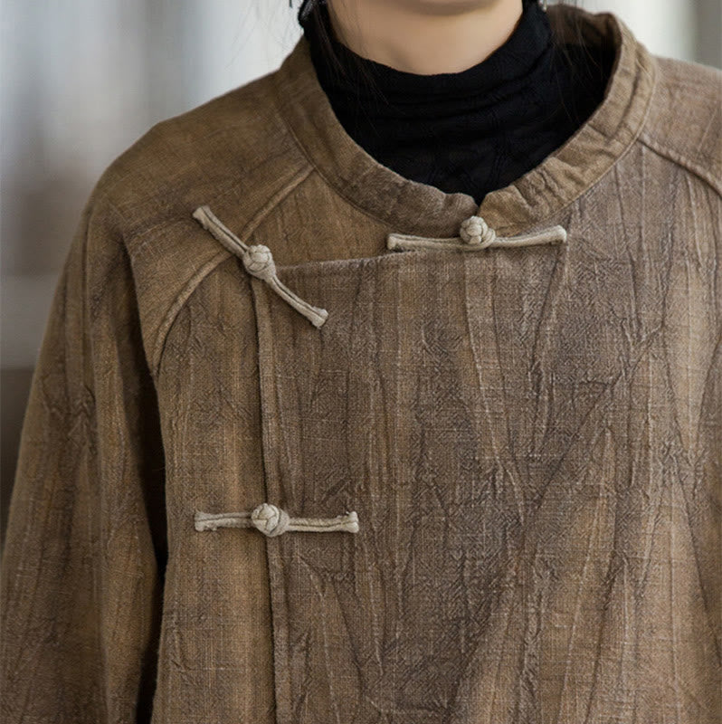 Koszula damska z długim rękawem i ramią lnianą, jednokolorowa, z żabim guzikiem i termicznymi Buddha Stones - image 16