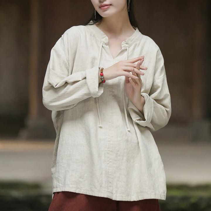 Koszula damska z długim rękawem z ramii lnianej w jednolitym kolorze z Buddha Stones - image 9
