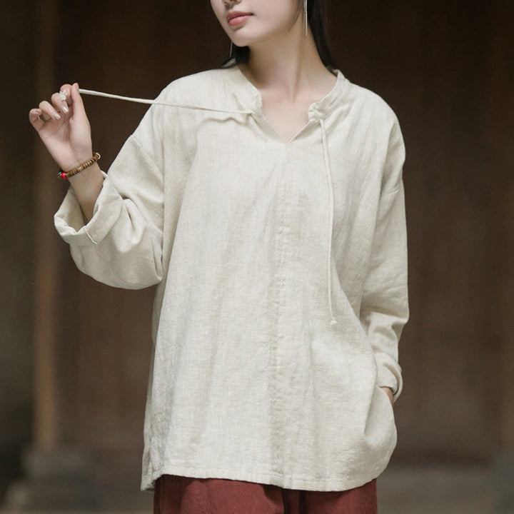 Koszula damska z długim rękawem z ramii lnianej w jednolitym kolorze z Buddha Stones