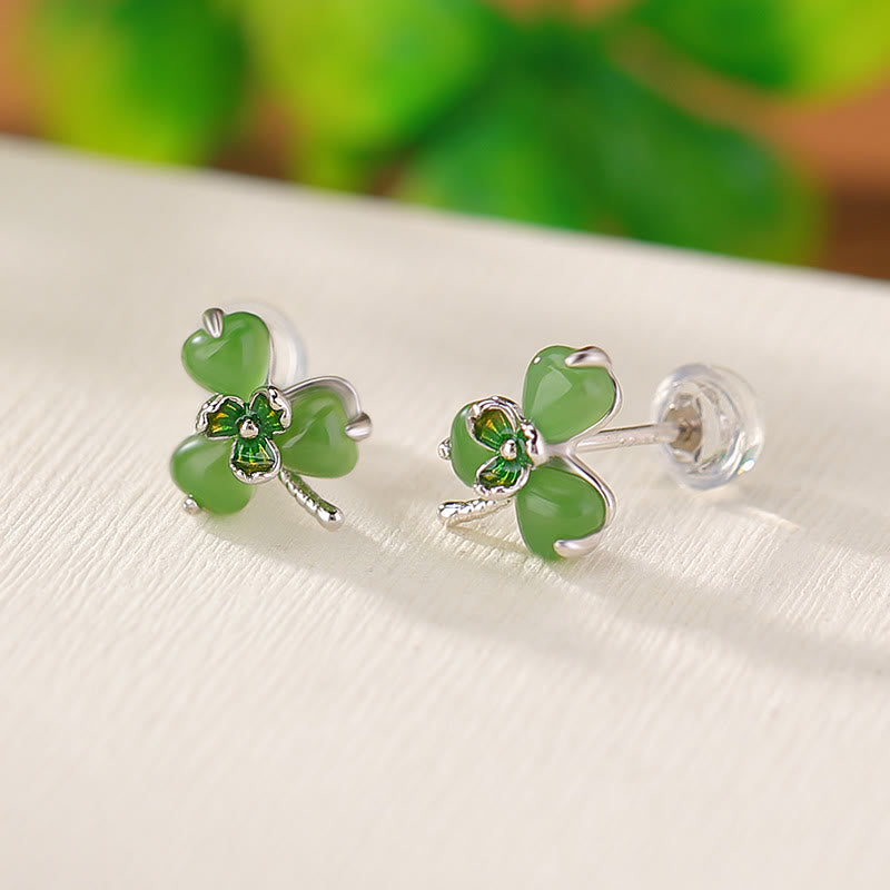 Kolczyki z Buddha Stones 925 Sterling Silver Emalia Hetian Jade Shamrock Luck