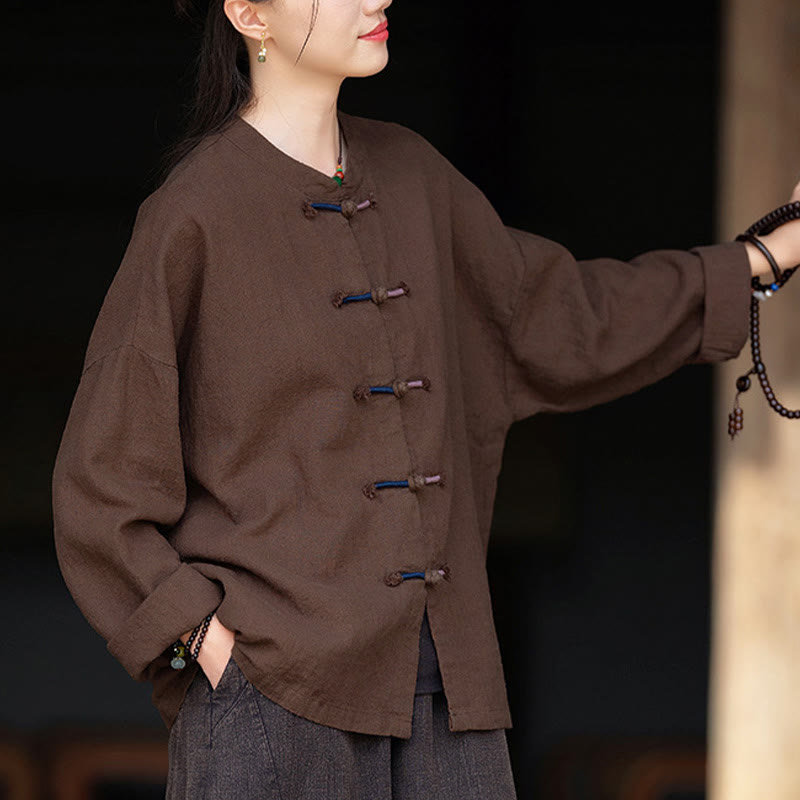 Koszula damska z długim rękawem i ramią z lnu w jednolitym kolorze z motywem kamieni Buddha Stones , dwukolorowa, z żabim guzikiem - image 11