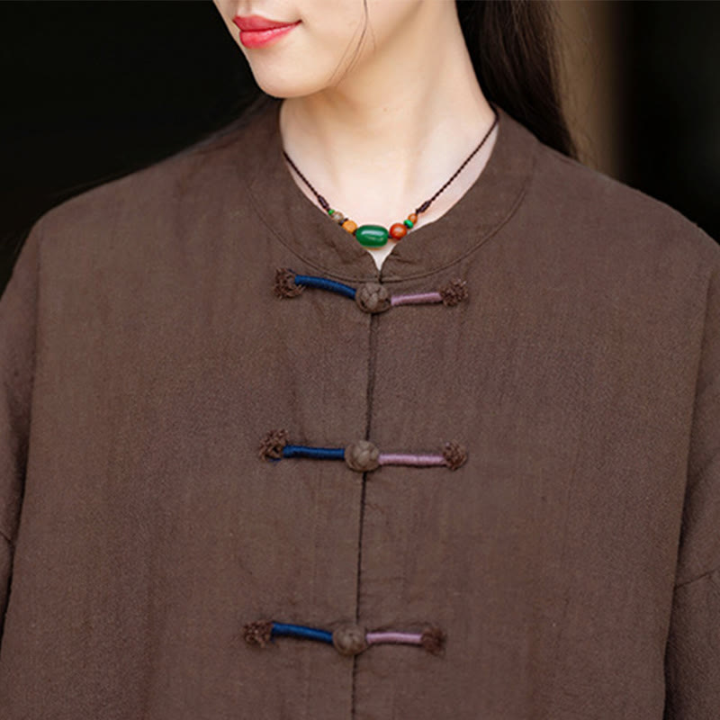 Koszula damska z długim rękawem i ramią z lnu w jednolitym kolorze z motywem kamieni Buddha Stones , dwukolorowa, z żabim guzikiem - image 19