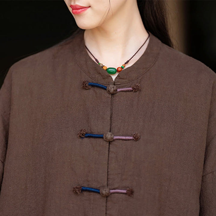 Koszula damska z długim rękawem i ramią z lnu w jednolitym kolorze z motywem kamieni Buddha Stones , dwukolorowa, z żabim guzikiem - image 19