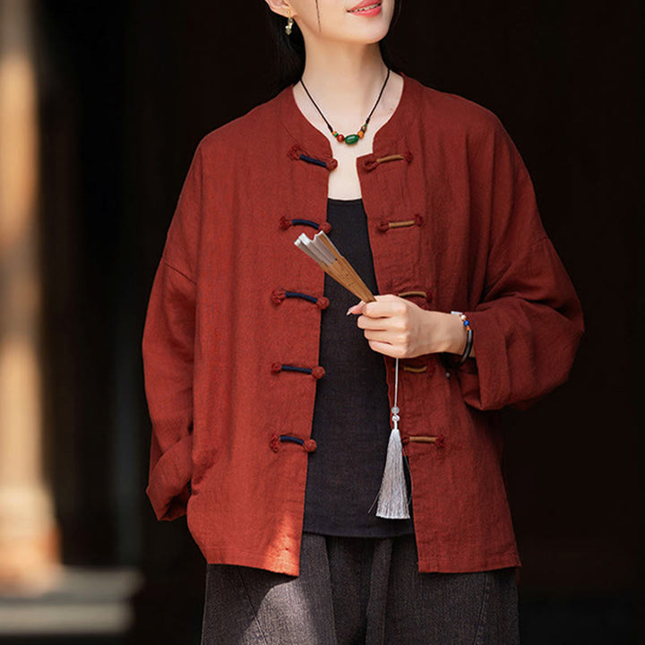 Koszula damska z długim rękawem i ramią z lnu w jednolitym kolorze z motywem kamieni Buddha Stones , dwukolorowa, z żabim guzikiem - image 26