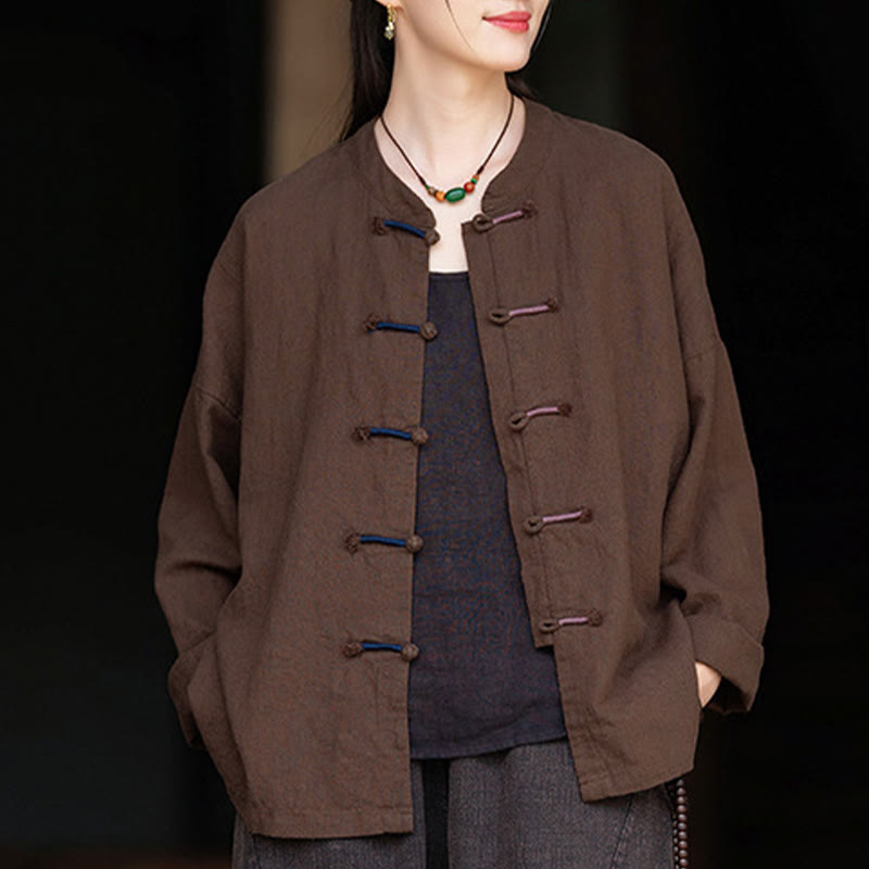 Koszula damska z długim rękawem i ramią z lnu w jednolitym kolorze z motywem kamieni Buddha Stones , dwukolorowa, z żabim guzikiem - image 18