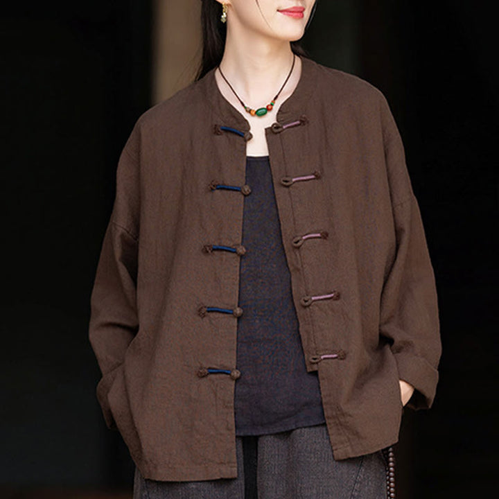 Koszula damska z długim rękawem i ramią z lnu w jednolitym kolorze z motywem kamieni Buddha Stones , dwukolorowa, z żabim guzikiem - image 18