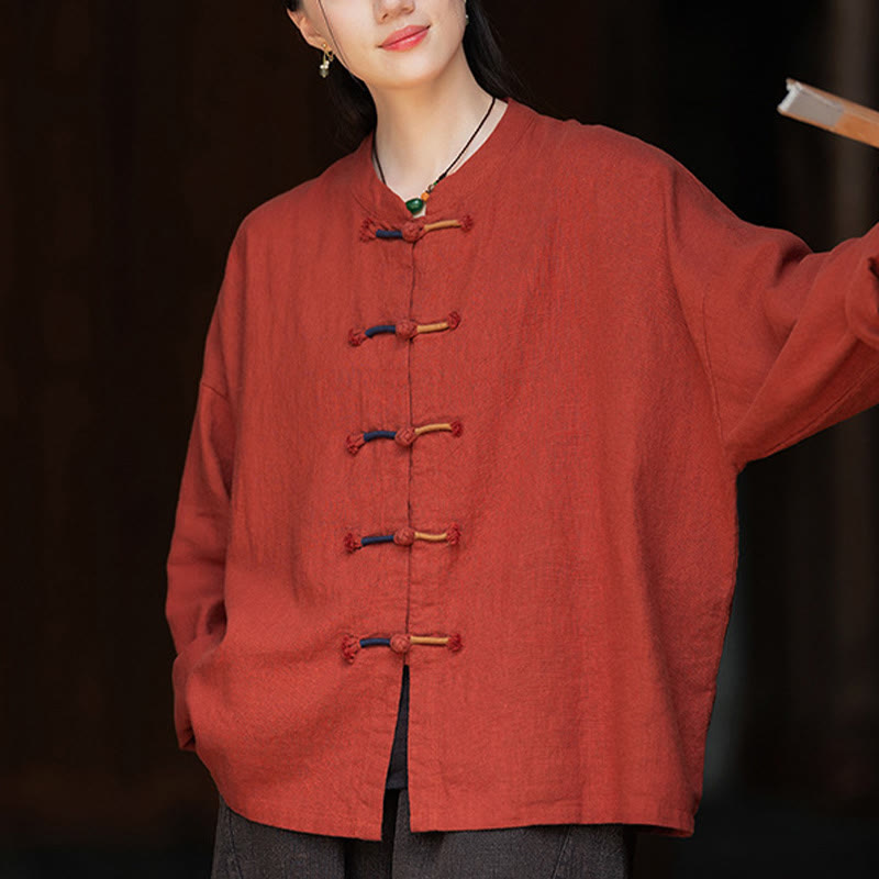 Koszula damska z długim rękawem i ramią z lnu w jednolitym kolorze z motywem kamieni Buddha Stones , dwukolorowa, z żabim guzikiem - Czerwony - US4-12, UK/AU8-16, EU36-44 (F) - image 21