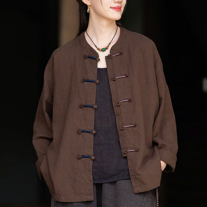 Koszula damska z długim rękawem i ramią z lnu w jednolitym kolorze z motywem kamieni Buddha Stones , dwukolorowa, z żabim guzikiem - image 16