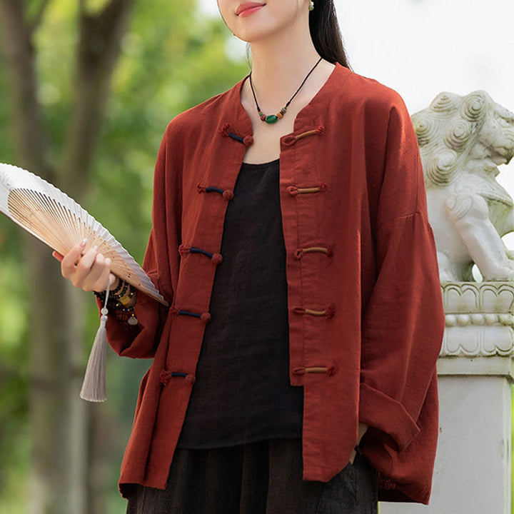 Koszula damska z długim rękawem i ramią z lnu w jednolitym kolorze z motywem kamieni Buddha Stones , dwukolorowa, z żabim guzikiem - image 29