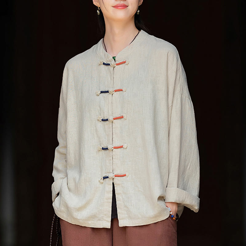 Koszula damska z długim rękawem i ramią z lnu w jednolitym kolorze z motywem kamieni Buddha Stones , dwukolorowa, z żabim guzikiem - Beżowy - US4-12, UK/AU8-16, EU36-44 (F) - image 0