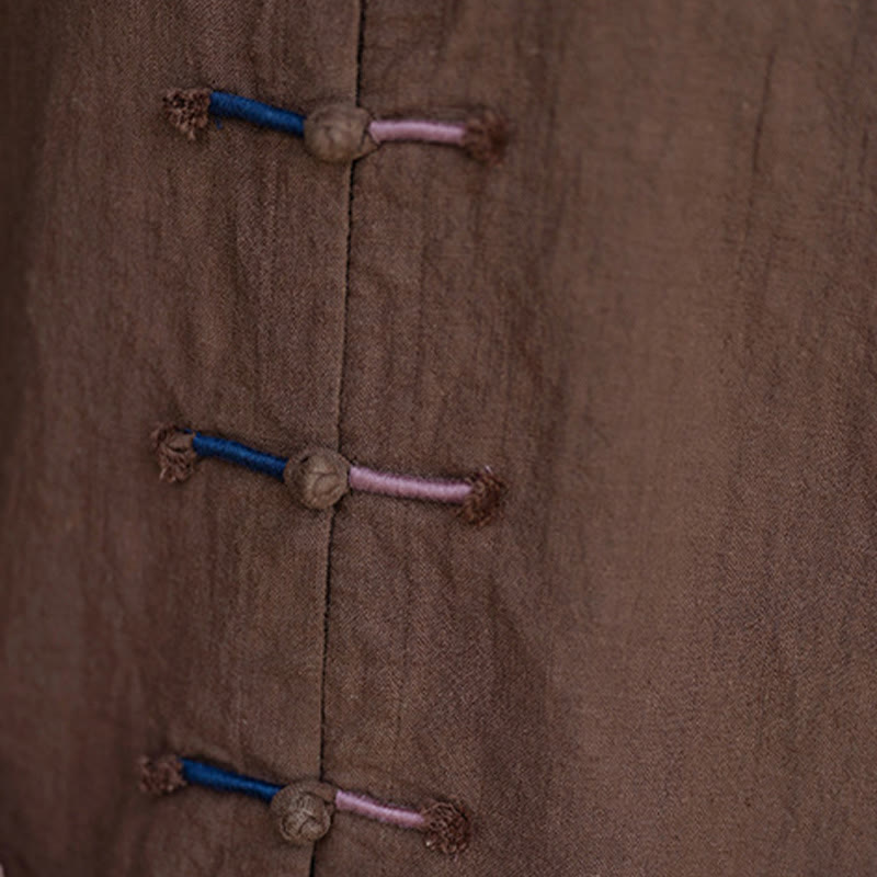 Koszula damska z długim rękawem i ramią z lnu w jednolitym kolorze z motywem kamieni Buddha Stones , dwukolorowa, z żabim guzikiem - image 20