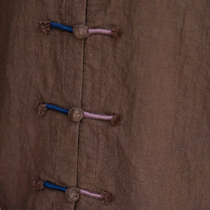 Koszula damska z długim rękawem i ramią z lnu w jednolitym kolorze z motywem kamieni Buddha Stones , dwukolorowa, z żabim guzikiem - image 20