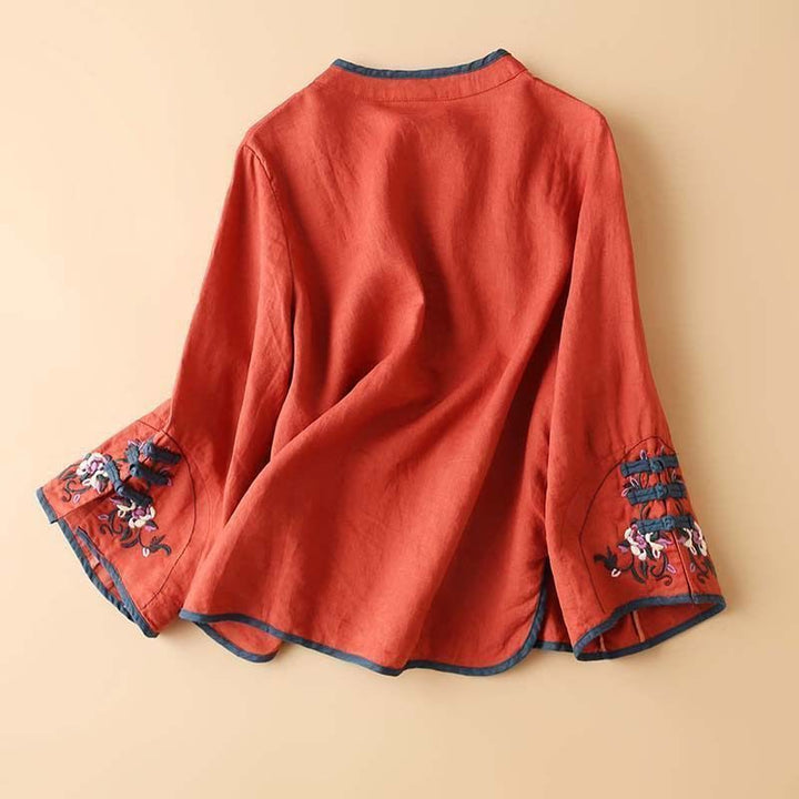 Koszula damska z długim rękawem z bawełny i lnu z motywem kwiatów Buddha Stones w stylu retro