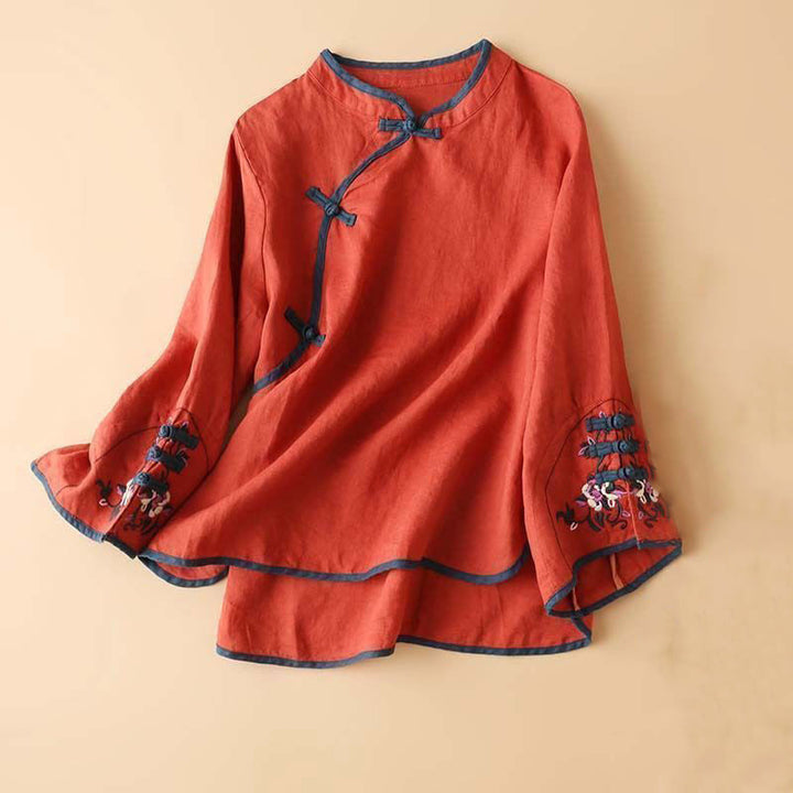 Koszula damska z długim rękawem z bawełny i lnu z motywem kwiatów Buddha Stones w stylu retro