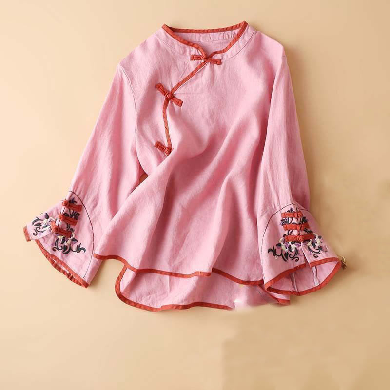 Koszula damska z długim rękawem z bawełny i lnu z motywem kwiatów Buddha Stones w stylu retro