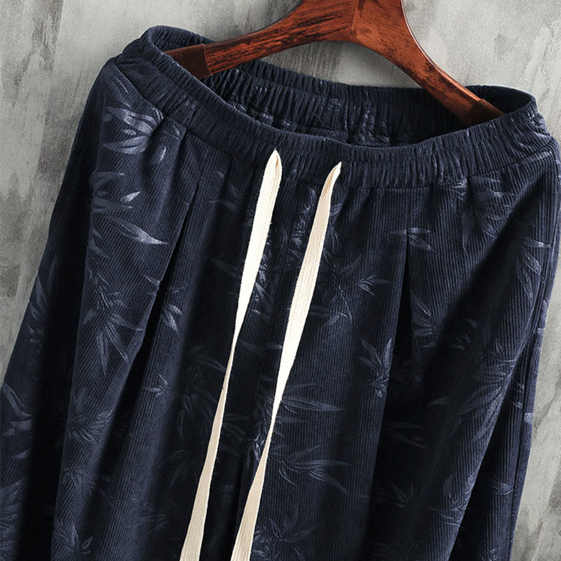 Buddha Stones Bambusowe Liście Sztruksowe Spodnie Męskie Z Szerokimi Nogawkami I Kieszeniami - image 1