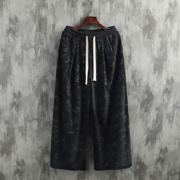 Buddha Stones Bambusowe Liście Sztruksowe Spodnie Męskie Z Szerokimi Nogawkami I Kieszeniami - image 14